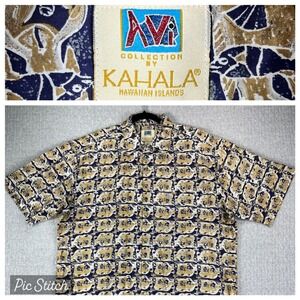 Kahala Hawaiian aloha Button Up Shirt Men L Blue Tan geometric Fish surf Print